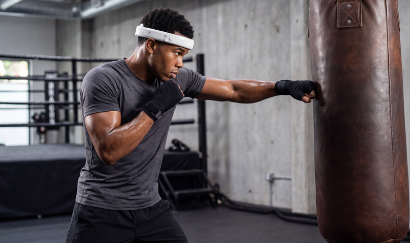 Athlete wearing MetroBand during boxing training for silent rhythm guidance, focus, and high-intensity workout performance.