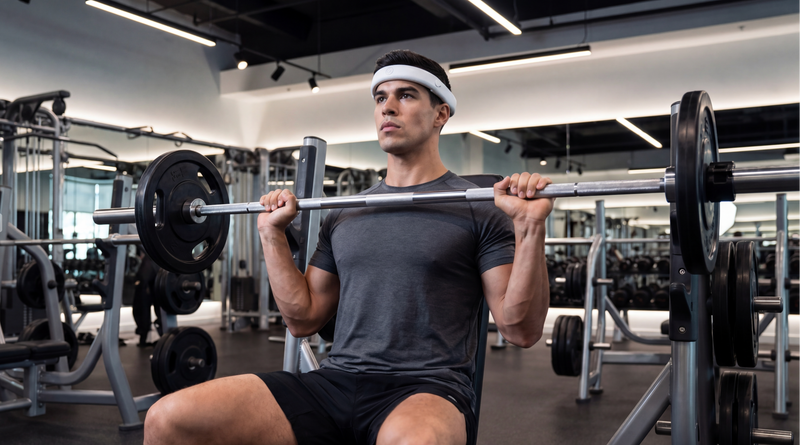 Athlete wearing MetroBand during strength training at the gym for silent rhythm guidance, focus, and workout performance.